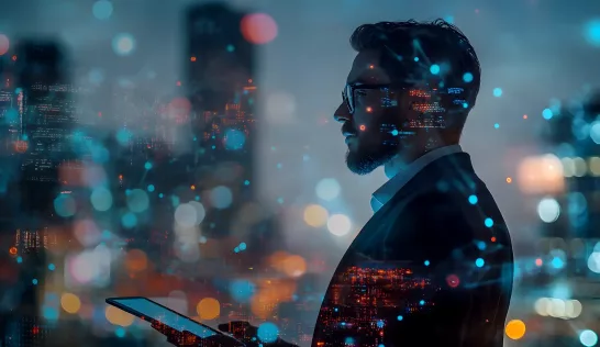 Un professionnel consulte une tablette dans un environnement numérique, illustrant l’utilisation de l’intelligence artificielle dans un cabinet comptable