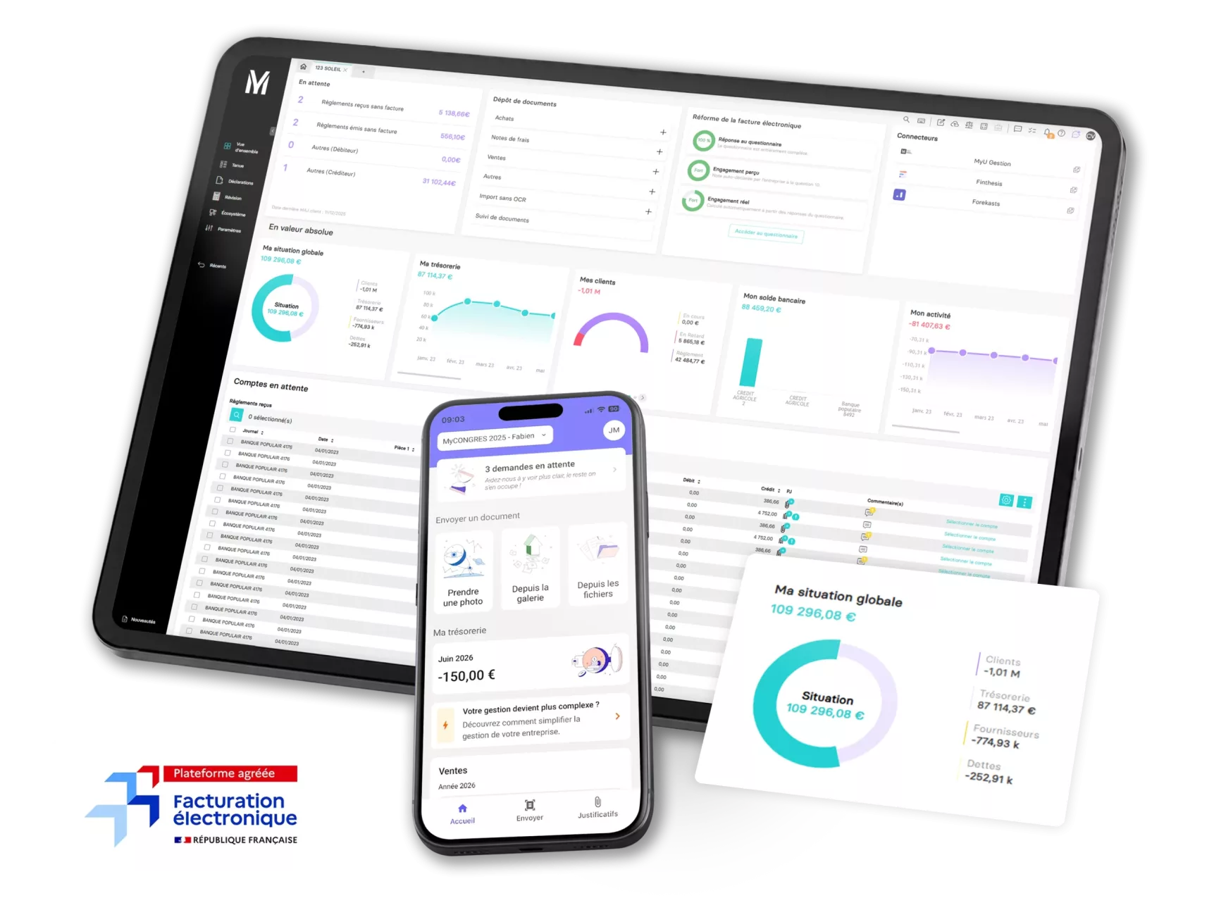 Interface MyUnisoft affichée sur ordinateur, tablette et smartphone pour présenter une plateforme de gestion destinée aux experts-comptables et aux TPE-PME