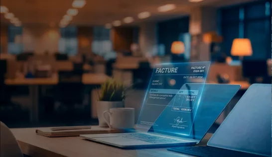 Ordinateur portable affichant une interface de facture électronique dématérialisée dans un environnement de travail